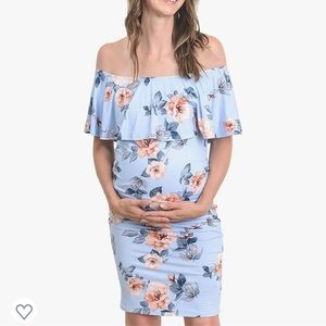 Blue Floral Off Shoulder Maternity Dress